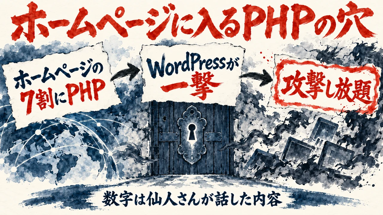 図解。見出しはホームページに入るPHPの穴。ホームページの7割にPHP、WordPressが一撃、攻撃し放題、の三つの札が矢印で並び、下の帯に数字は仙人さんが話した内容