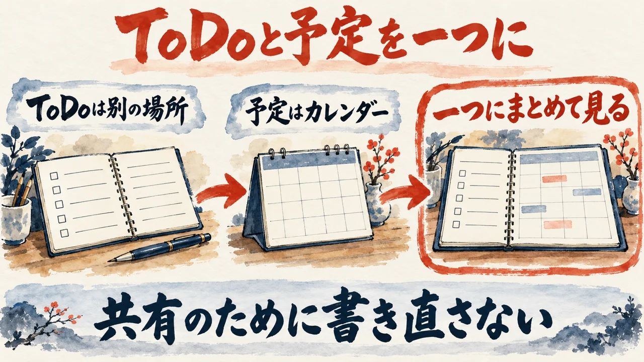 「ToDoと予定を一つに」の図解。「ToDoは別の場所」「予定はカレンダー」「一つにまとめて見る」の三つの札が矢印で並び、下の帯に「共有のために書き直さない」