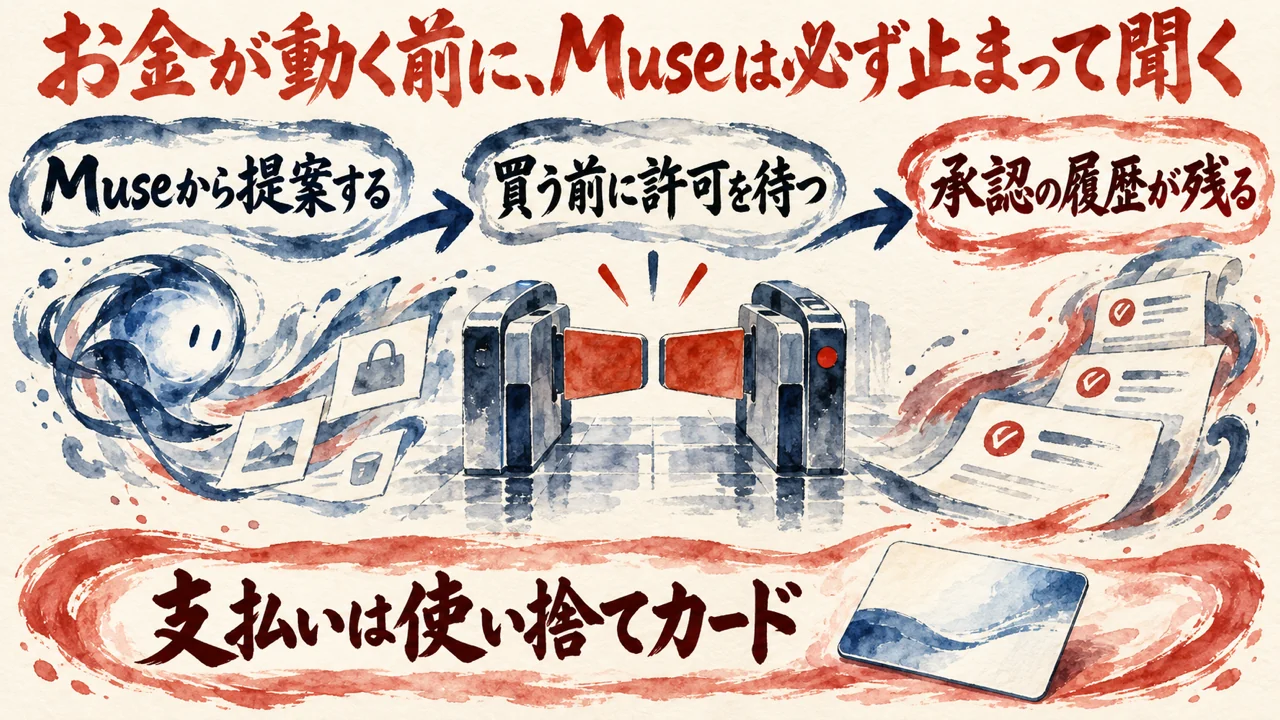 図解。Museから提案する、買う前に許可を待つ、承認の履歴が残る、の三つの札が矢印で並び、改札と一枚のカードの水彩画が添えられている。見出しはお金が動く前に、Museは必ず止まって聞く