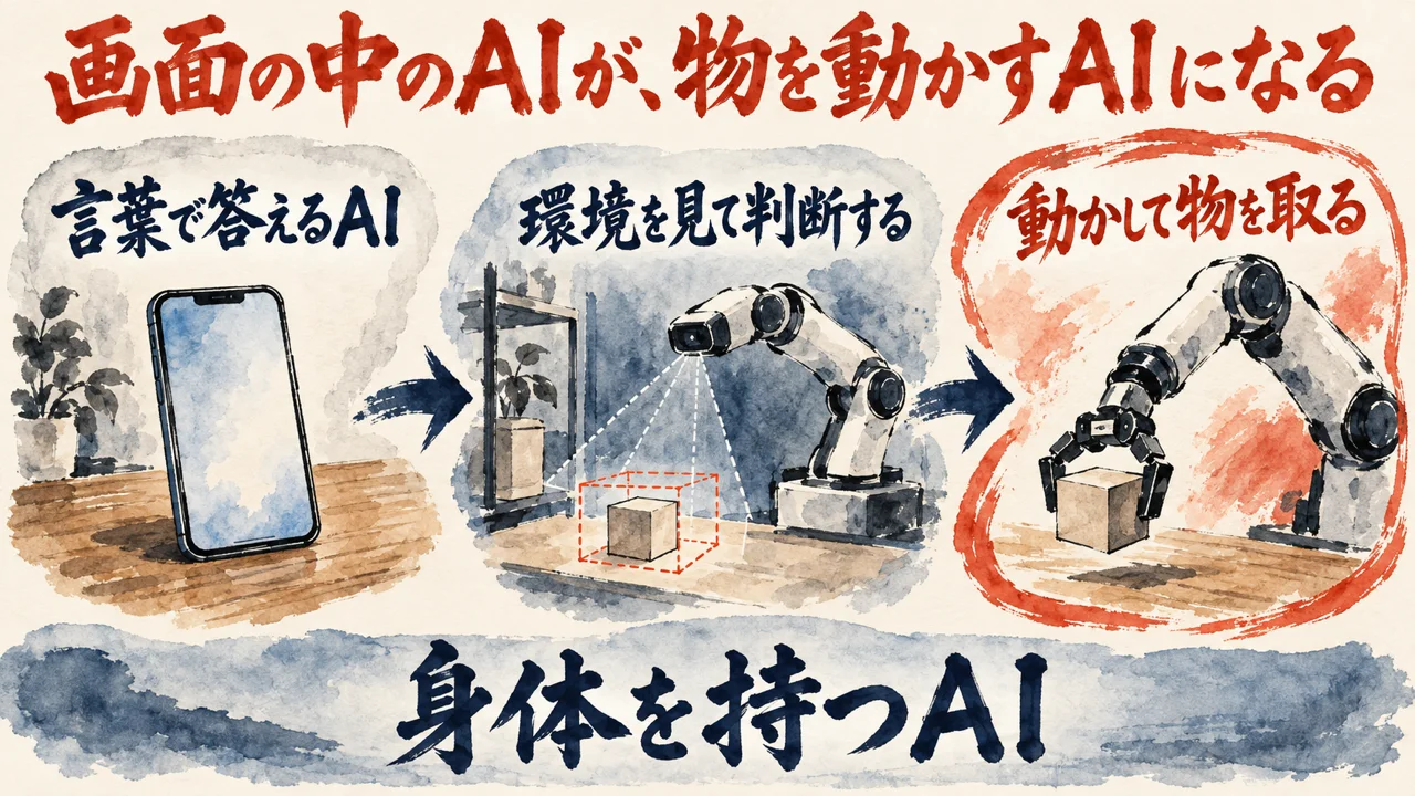 図解。言葉で答えるAI、環境を見て判断する、動かして物を取る、の三つの場面が矢印で並び、スマホ、カメラ付きのロボットアーム、箱をつかむロボットの手の水彩画が添えられている。見出しは画面の中のAIが、物を動かすAIになる