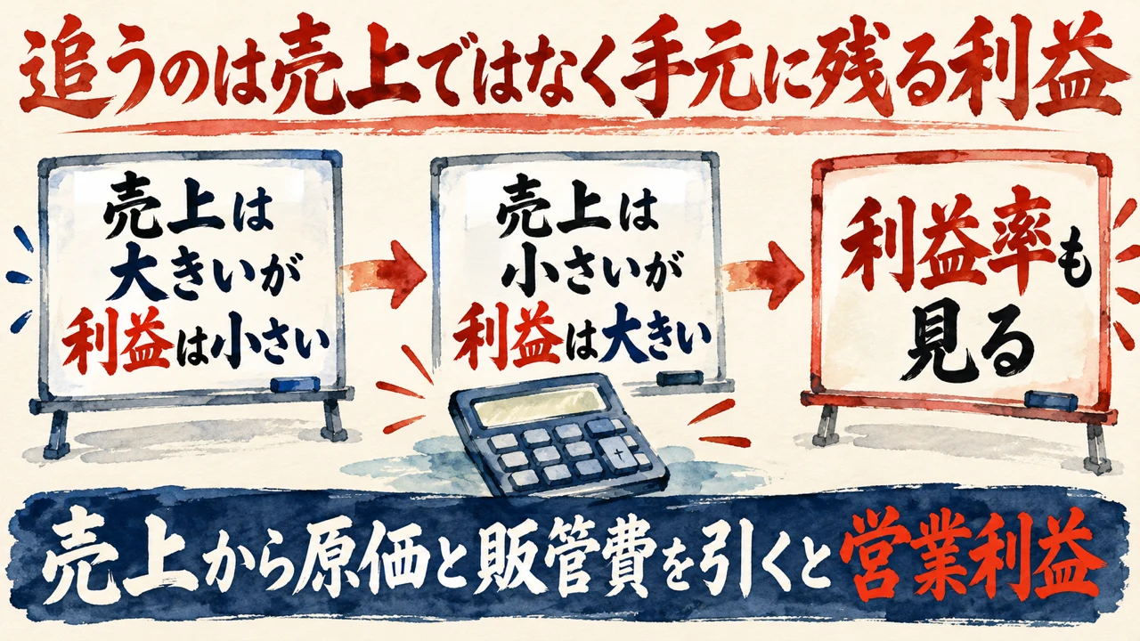 図解。売上は大きいが利益は小さい、売上は小さいが利益は大きい、利益率も見る、の三つのホワイトボードが矢印で並び、下の帯に売上から原価と販管費を引くと営業利益の文字。見出しは追うのは売上ではなく手元に残る利益