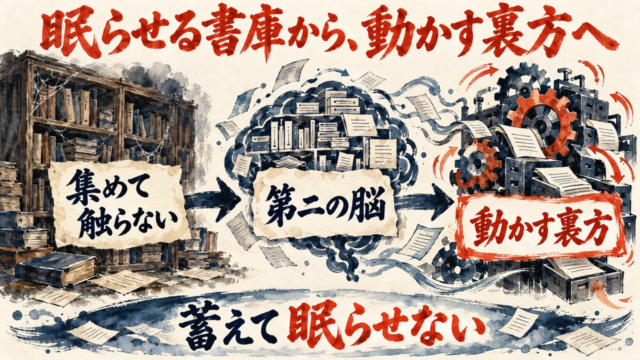 眠る書庫の第二の脳と、人もロボットも出入りして動く裏方の棚を並べて描いた水彩の図解