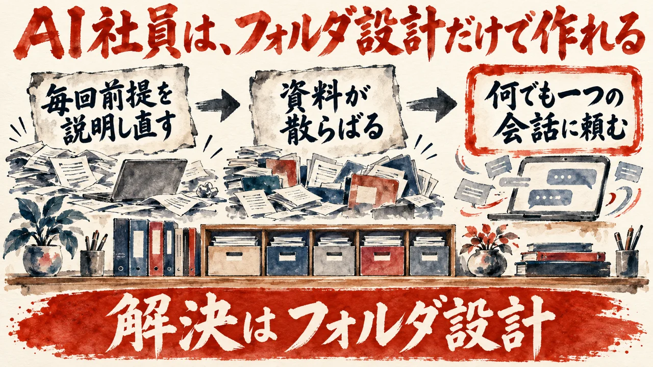 図解。毎回前提を説明し直す、資料が散らばる、何でも一つの会話に頼む、の三つの札が矢印で並び、整理された机の水彩画が添えられている。見出しはAI社員は、フォルダ設計だけで作れる