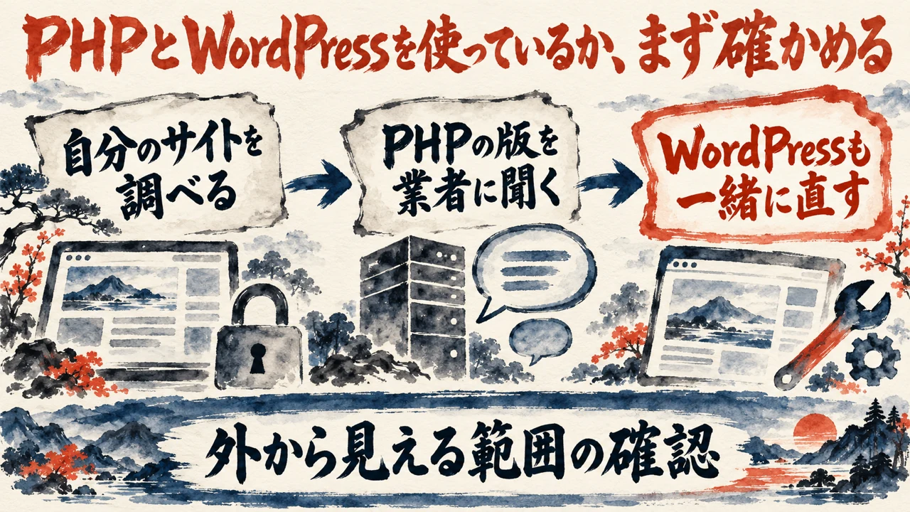 図解。自分のサイトを調べる、PHPの版を業者に聞く、WordPressも一緒に直す、の三つの札に、鍵のかかった扉と小さなサイトの水彩画が描かれている。見出しはPHPとWordPressを使っているか、まず確かめる