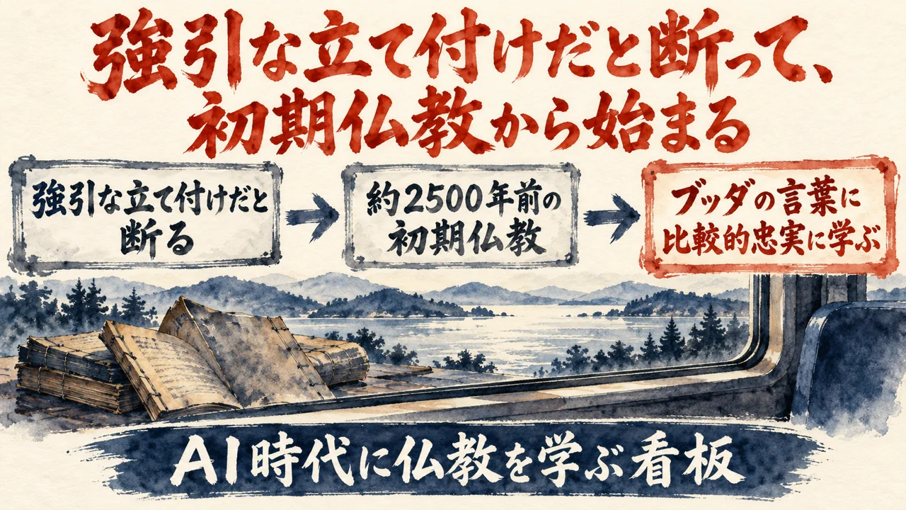 図解。強引な立て付けだと断る、約2500年前の初期仏教、ブッダの言葉に比較的忠実に学ぶ、の三つの札が矢印で並び、古い経典と移動中の車窓の水彩画が添えられている。見出しは、強引な立て付けだと断って、初期仏教から始まる