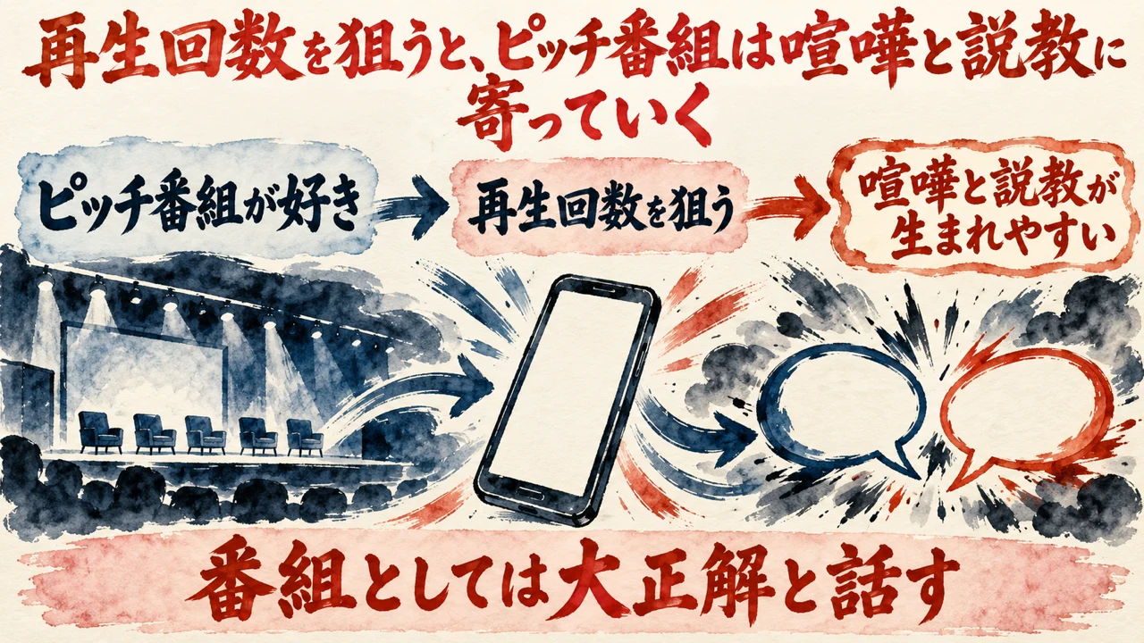 図解。ピッチ番組が好き、再生回数を狙う、喧嘩と説教が生まれやすい、の三つの札が矢印で並び、スマホの画面と向かい合う二つの吹き出しの水彩画が添えられている。見出しは、再生回数を狙うと、ピッチ番組は喧嘩と説教に寄っていく