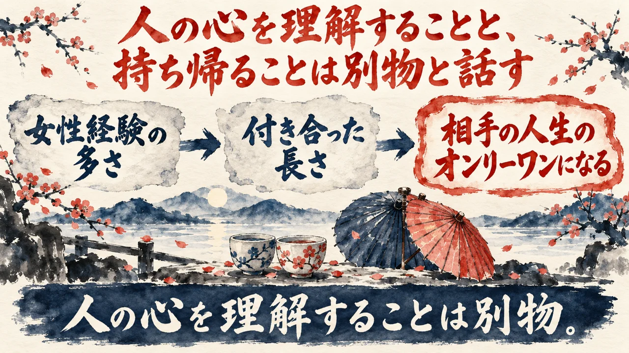 図解。女性経験の多さ、付き合った長さ、相手の人生のオンリーワンになる、の三つの札が矢印で並び、水辺に置かれた二つの湯のみと和傘の水彩画が添えられている。見出しは、人の心を理解することと、持ち帰ることは別物と話す