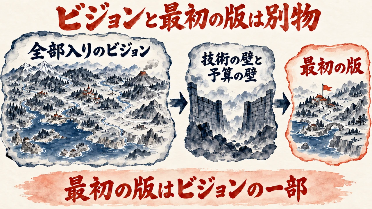 「ビジョンと最初の版」の図解。「全部入りのビジョン」「技術の壁と予算の壁」「最初の版」の三つの札が矢印で並び、下の帯に「最初の版はビジョンの一部」