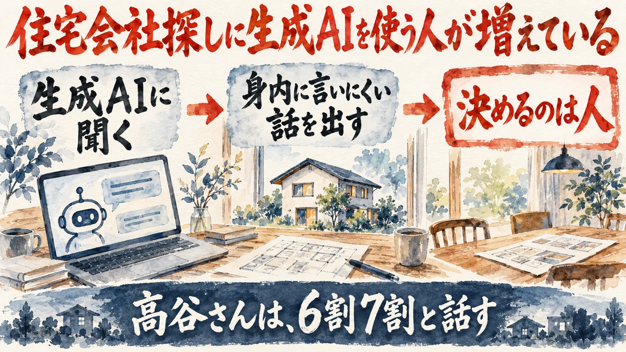 図解。住宅会社を探す人が生成AIに聞く、身内には言いにくい話をAIに出す、決めるのは人、の三つの札が矢印で並び、ノートパソコンと窓辺の家の水彩画が添えられている