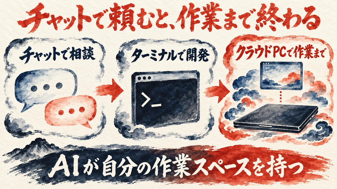 図解。チャットで相談の吹き出し、ターミナルで開発の黒い画面、クラウドPCで作業まで、の三つの札が矢印で並び、右の札はノートパソコンの上に小さな画面が浮かぶ水彩画。下の帯にAIが自分の作業スペースを持つの文字。見出しは、チャットで頼むと作業まで終わる
