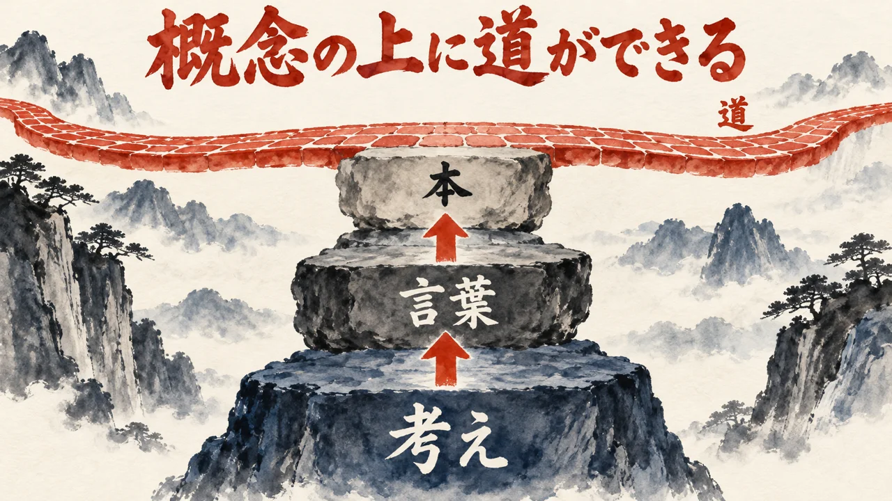 考え、言葉、本、道と、積み上がった概念の上に道が舗装されていく階層の図