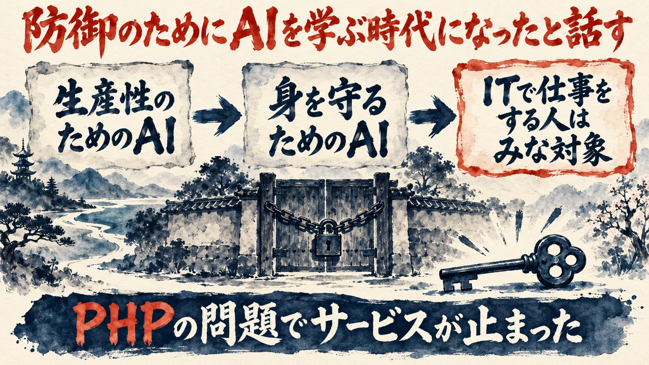 図解。生産性のためのAI、身を守るためのAI、ITで仕事をする人はみな対象、の三つの札が矢印で並び、閉じた門と鍵の水彩画が添えられている。見出しは、防御のためにAIを学ぶ時代になったと話す