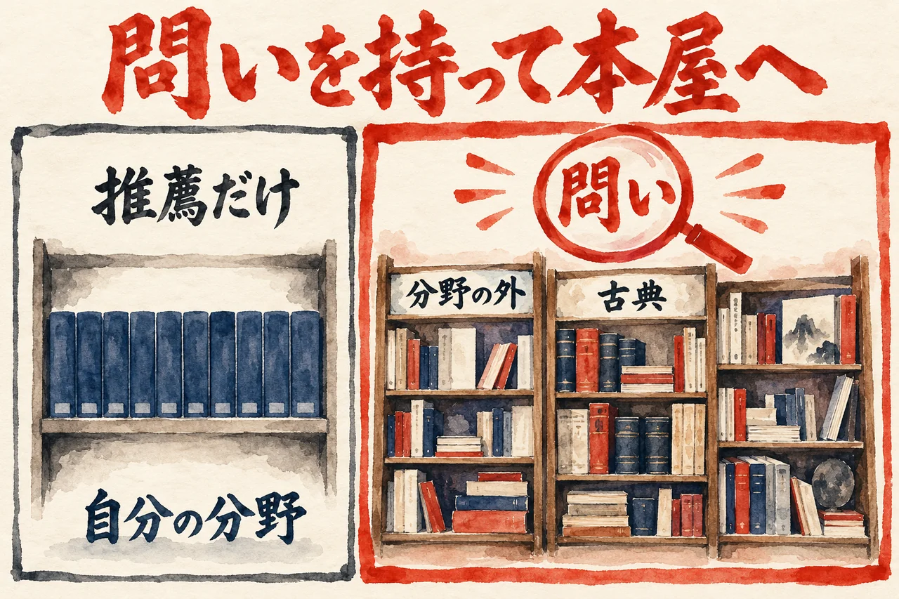 左は、同じ色の本が1つの棚にだけ並ぶ推薦だけの枠。右は、問いと書かれた虫眼鏡の下に、分野の外と古典を含む3つの本棚が広がる枠。