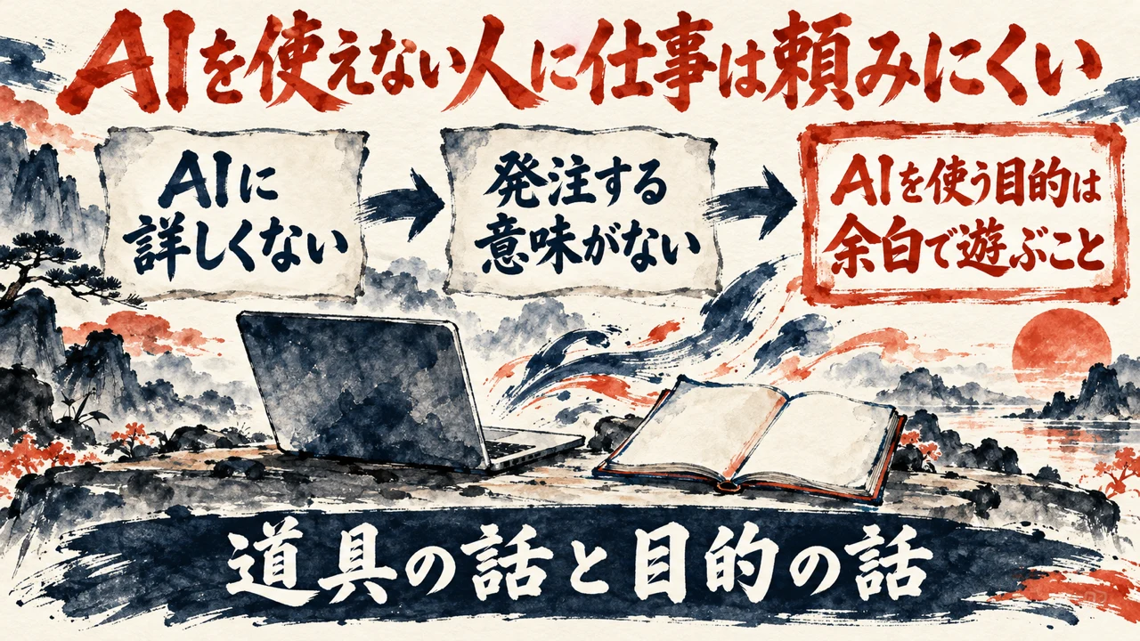 図解。AIに詳しくない、発注する意味がない、AIを使う目的は余白で遊ぶこと、の三つの札が矢印で並び、パソコンと一冊のノートの水彩画が添えられている。見出しはAIを使えない人に、仕事は頼みにくい