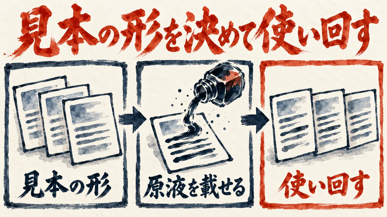見本の形、原液を載せる、使い回す、の三つの札が矢印でつながる図解