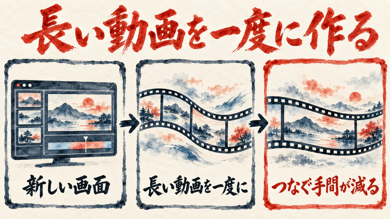 新しい画面、長い動画を一度に、つなぐ手間が減る、の三つの札が矢印でつながる図解