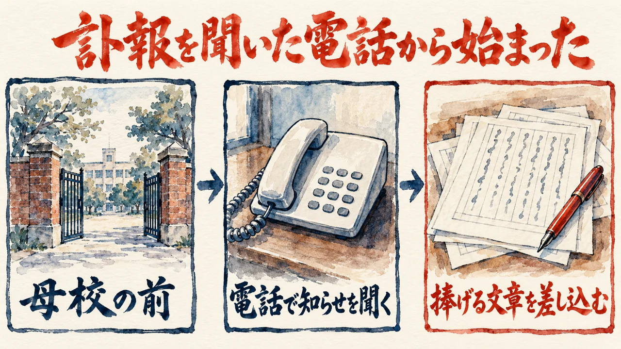 母校の前、電話で知らせを聞く、捧げる文章を差し込むの流れを描いた図解