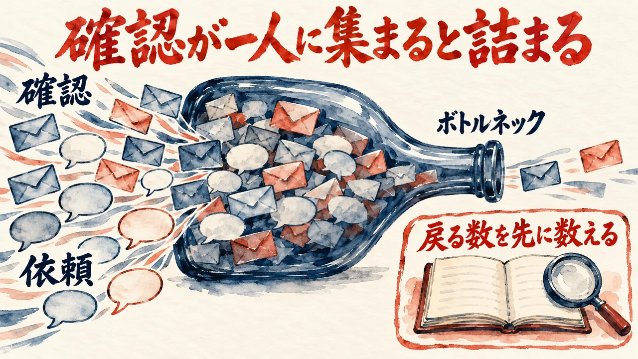 確認と依頼の封筒や吹き出しが瓶の細い首に詰まり、ボトルネックになっている様子と、戻る数を先に数える札を描いた図解