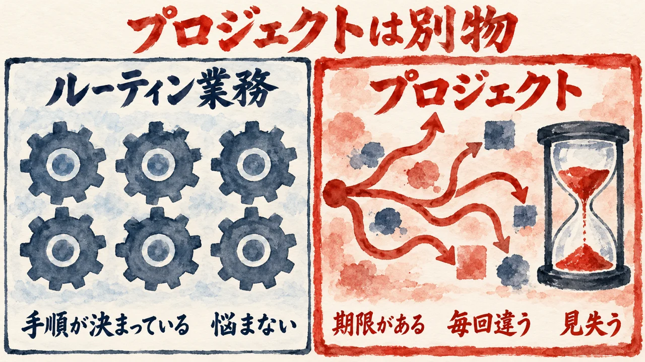 左に手順が決まっていて悩まないルーティン業務、右に期限があって毎回違い見失うプロジェクトを並べた対比の図