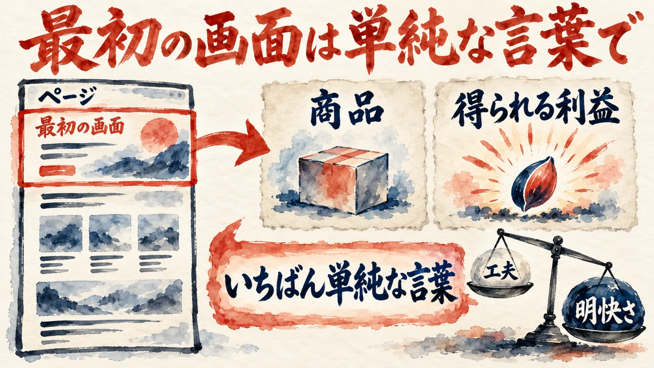 ページ全体の上の部分を最初の画面として取り出し、商品と得られる利益を、いちばん単純な言葉で書く。天秤では工夫より明快さが重い、と描いた図解