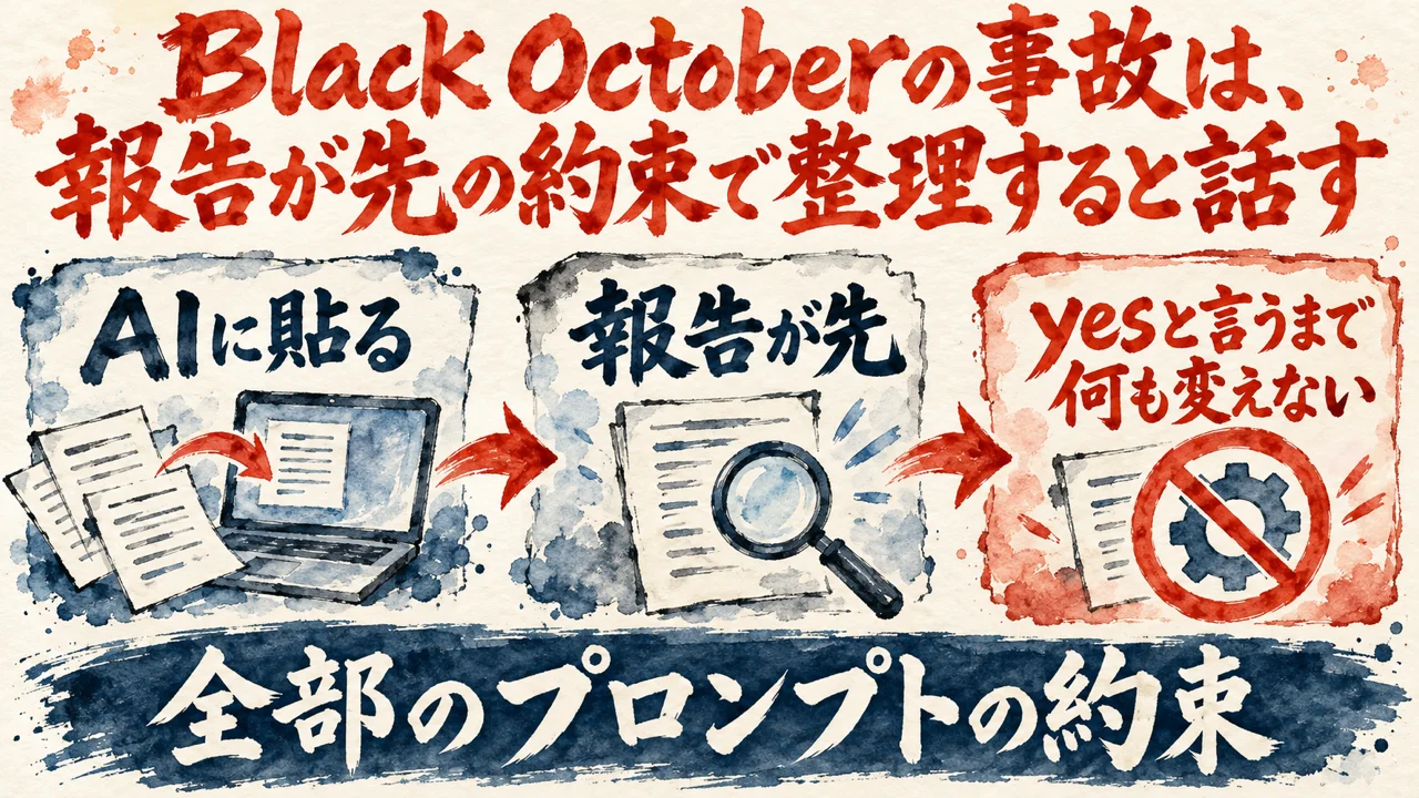 図解。AIに貼る、報告が先、yesと言うまで何も変えない、の三つの札が矢印で並び、小さな虫眼鏡の水彩画が添えられている。見出しは、Black Octoberの事故は、報告が先の約束で整理すると話す