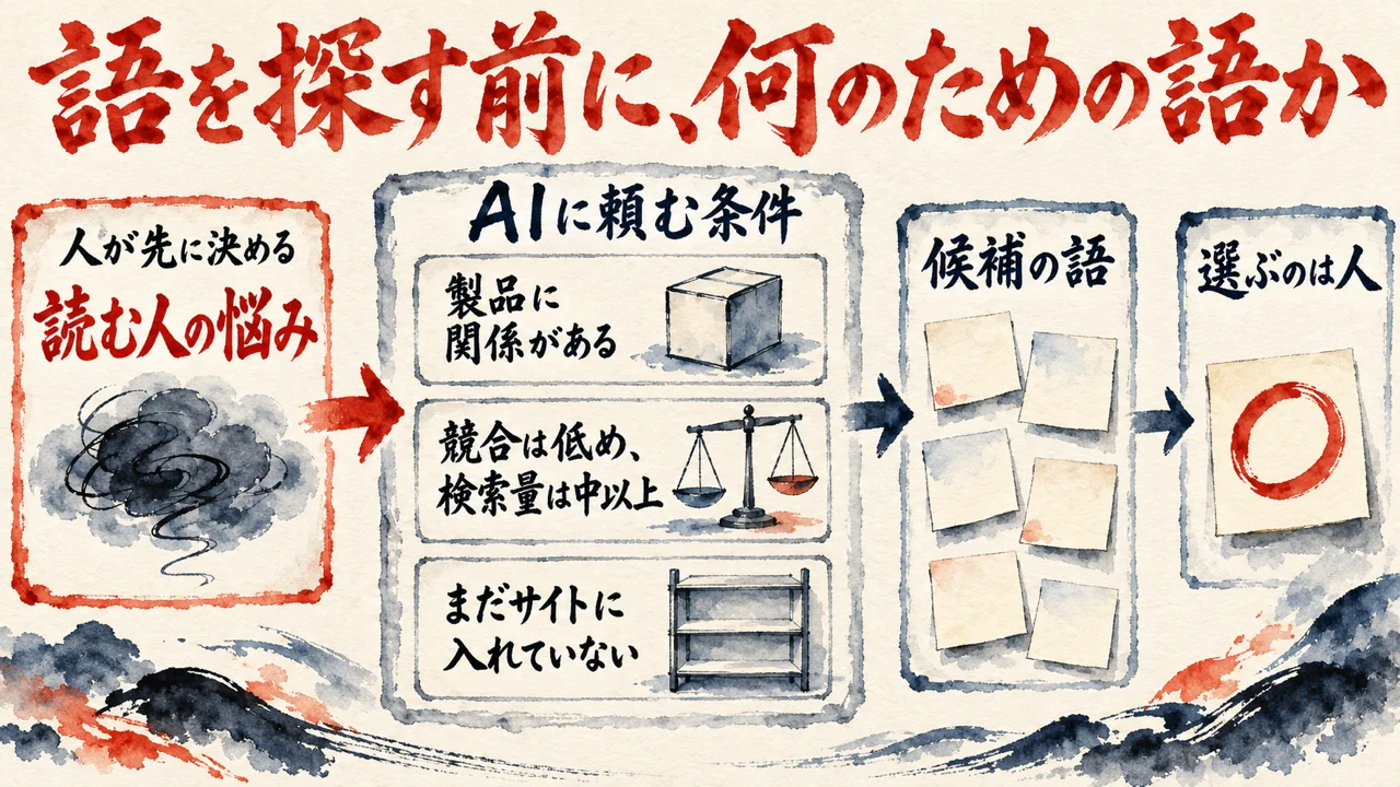 人が先に決める読む人の悩みから、AIに頼む条件の三つ(製品に関係がある、競合は低めで検索量は中以上、まだサイトに入れていない)を通って候補の語が出て、選ぶのは人、と流れる図解