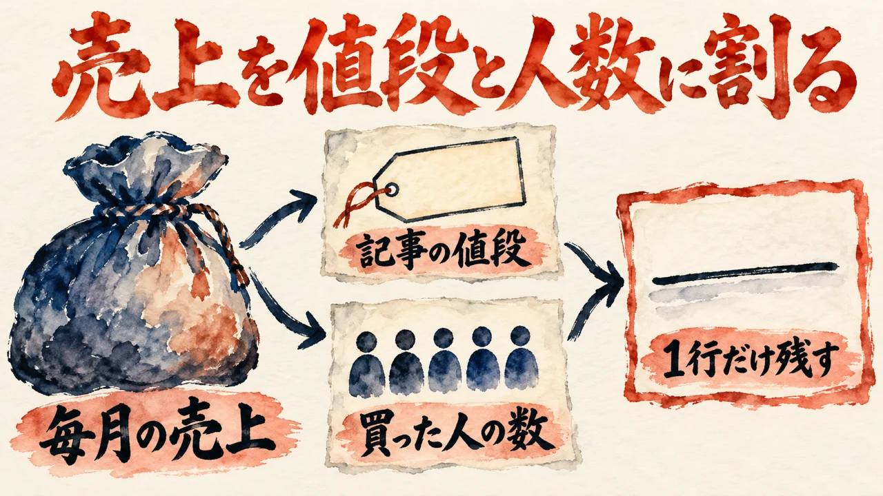 毎月の売上を、記事の値段と買った人の数に分け、1行だけ残す流れを描いた図解