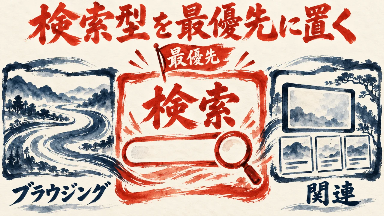 検索を中央に大きく置き、左にブラウジング、右に関連を並べて、入口を三つに分ける図解