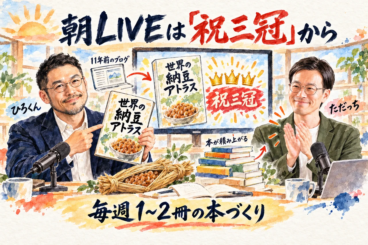 朝LIVEは祝三冠から｜ひろくんの世界の納豆アトラスのお祝いと、毎週1〜2冊の本づくりの場面の図