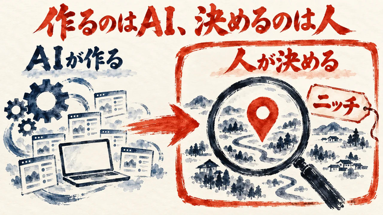AIが作る小さな札と、人が決める大きな札を左右に並べ、ニッチは人が決めることを示した図解