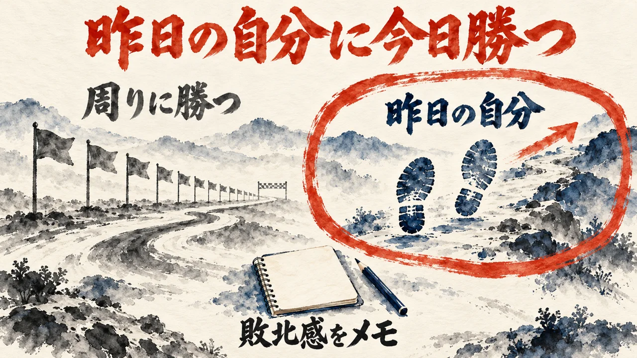 周りに勝つ旗の道は終わりがなく、昨日の自分と並ぶ足跡の道は前へ進むことを左右に並べ、下に敗北感をメモする札を置いた図解