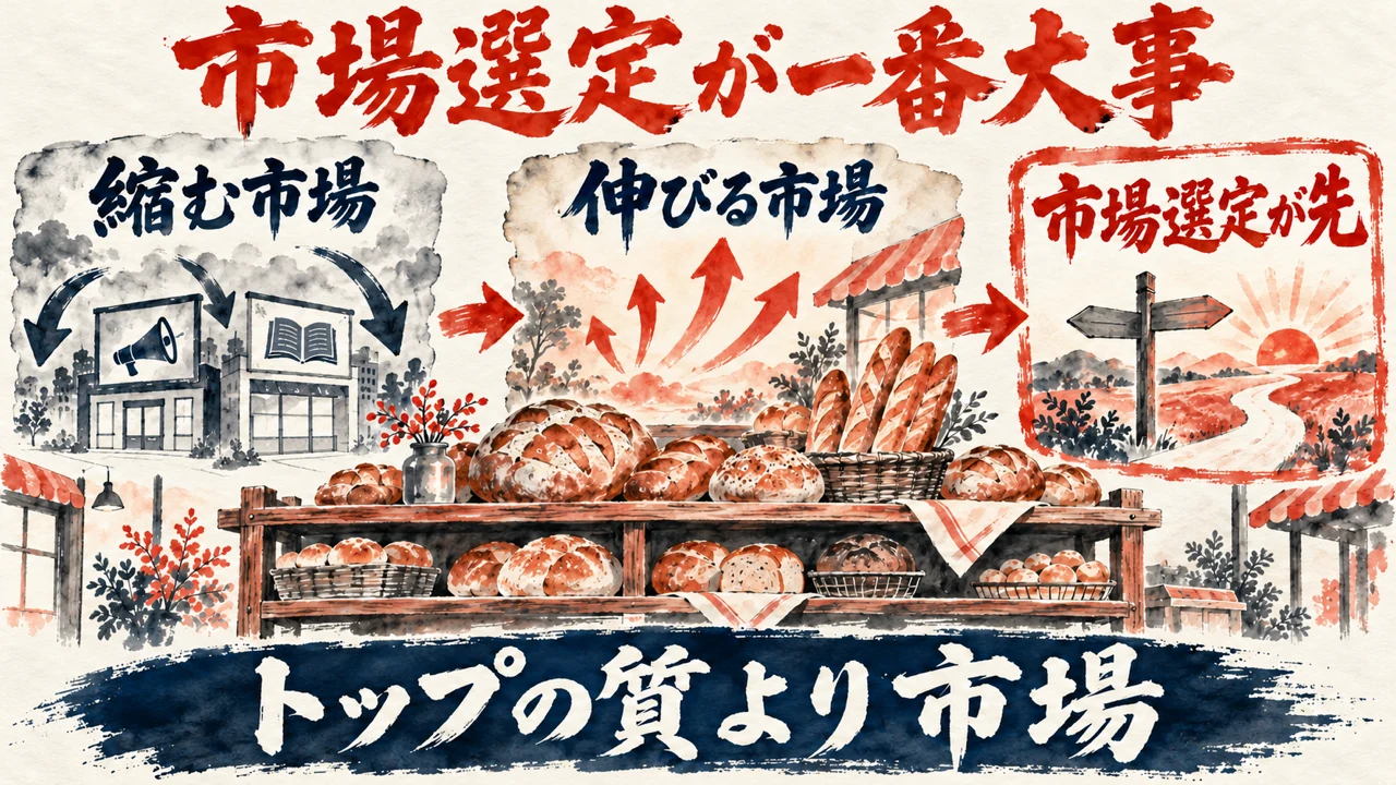 図解。縮む市場、伸びる市場、市場選定が先、の三つの札が矢印で並び、パンが並んだ棚の水彩画が添えられている。見出しは市場選定が一番大事