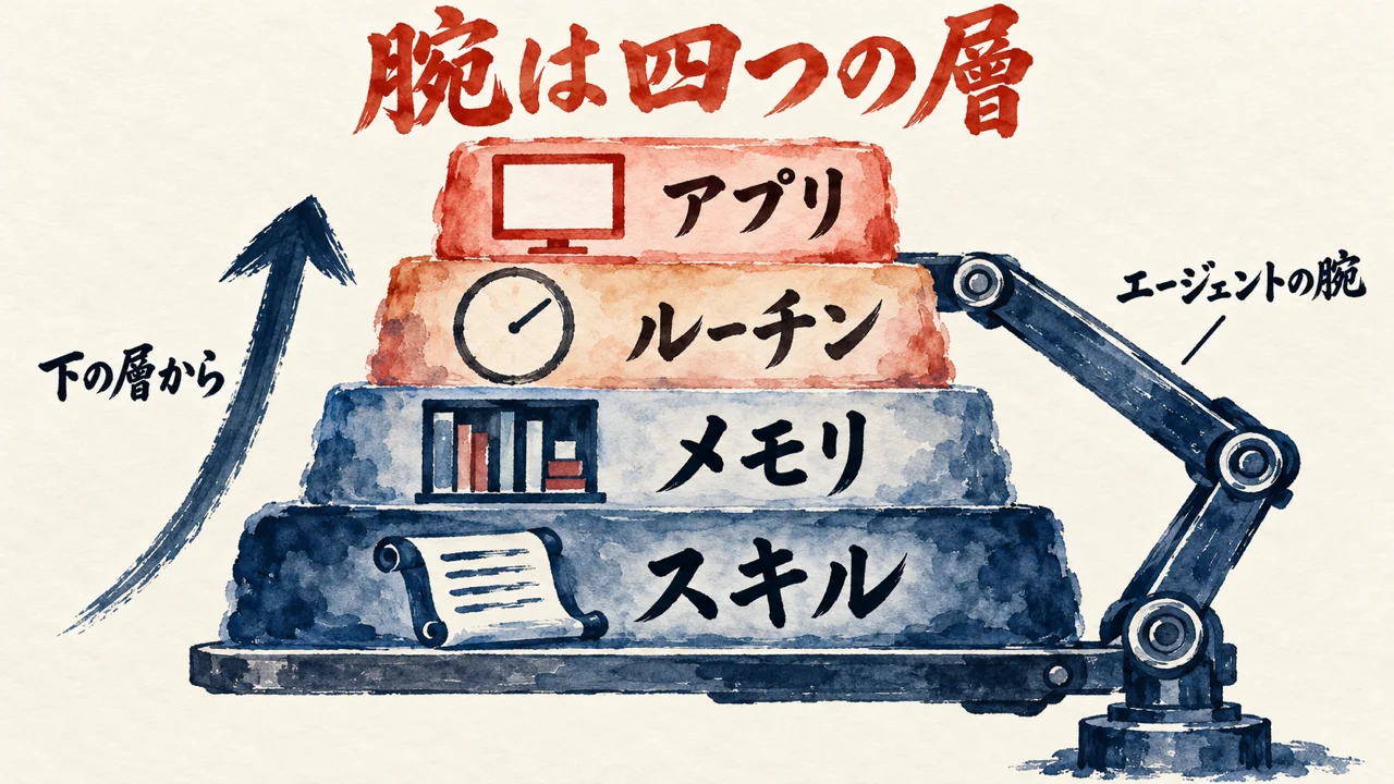 スキルを土台に、メモリ、ルーチン、アプリの四つの層が下から積み上がり、右のエージェントの腕が支える図解