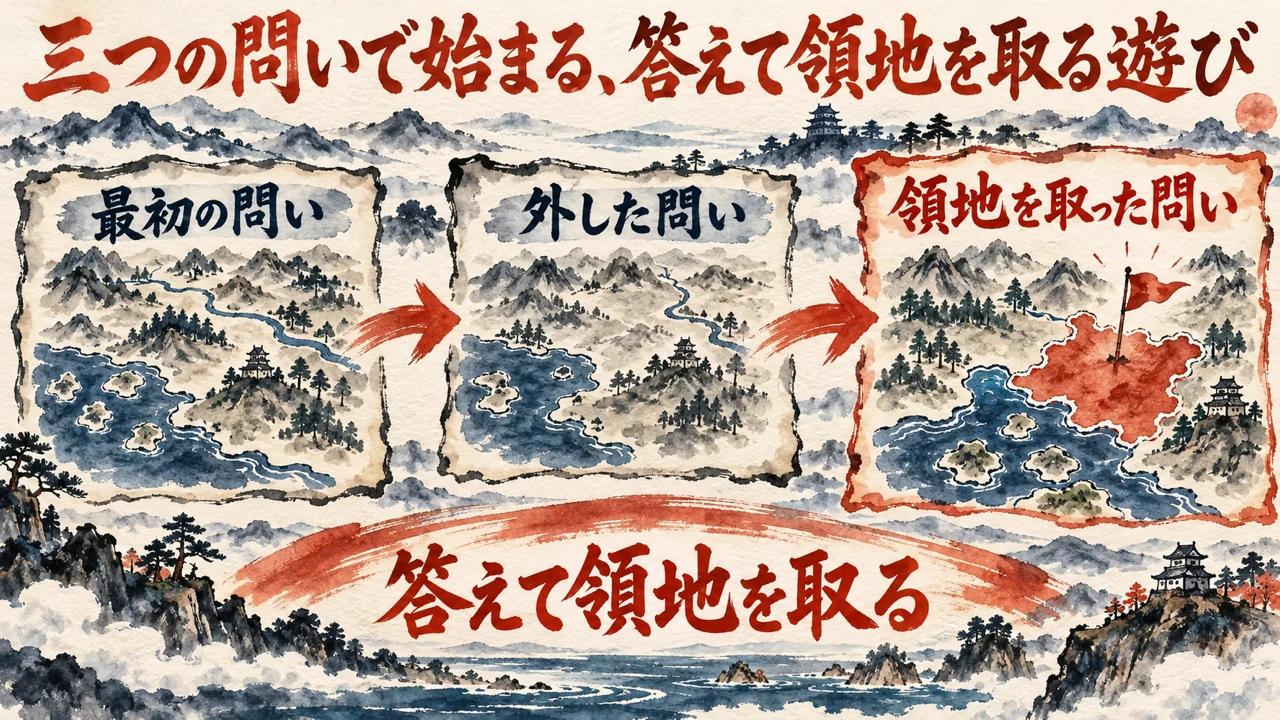 最初の問い、外した問い、領地を取った問いと、地図が赤く染まっていく3枚の和風水彩の図解