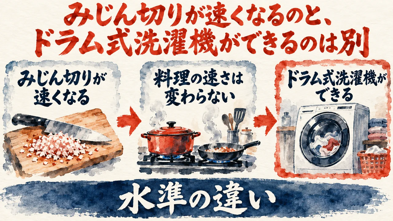 図解。みじん切りが速くなる、ドラム式洗濯機ができる、という二つの札が並び、台所の水彩画が添えられている。見出しはみじん切りが速くなるのと、ドラム式洗濯機ができるのは別