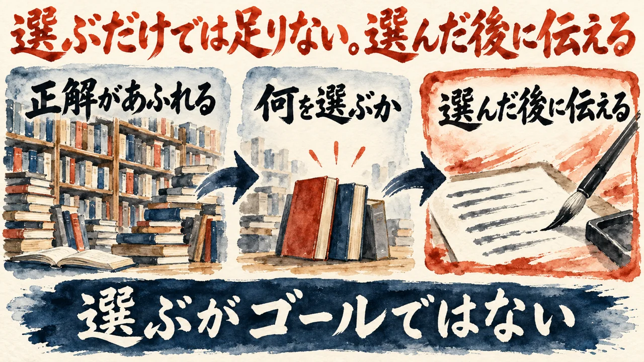 図解。正解があふれる、何を選ぶか、選んだ後に伝える、の三つの札が矢印で並び、本棚と筆の水彩画が添えられている。見出しは選ぶだけでは足りない。選んだ後に伝えるのが編集力
