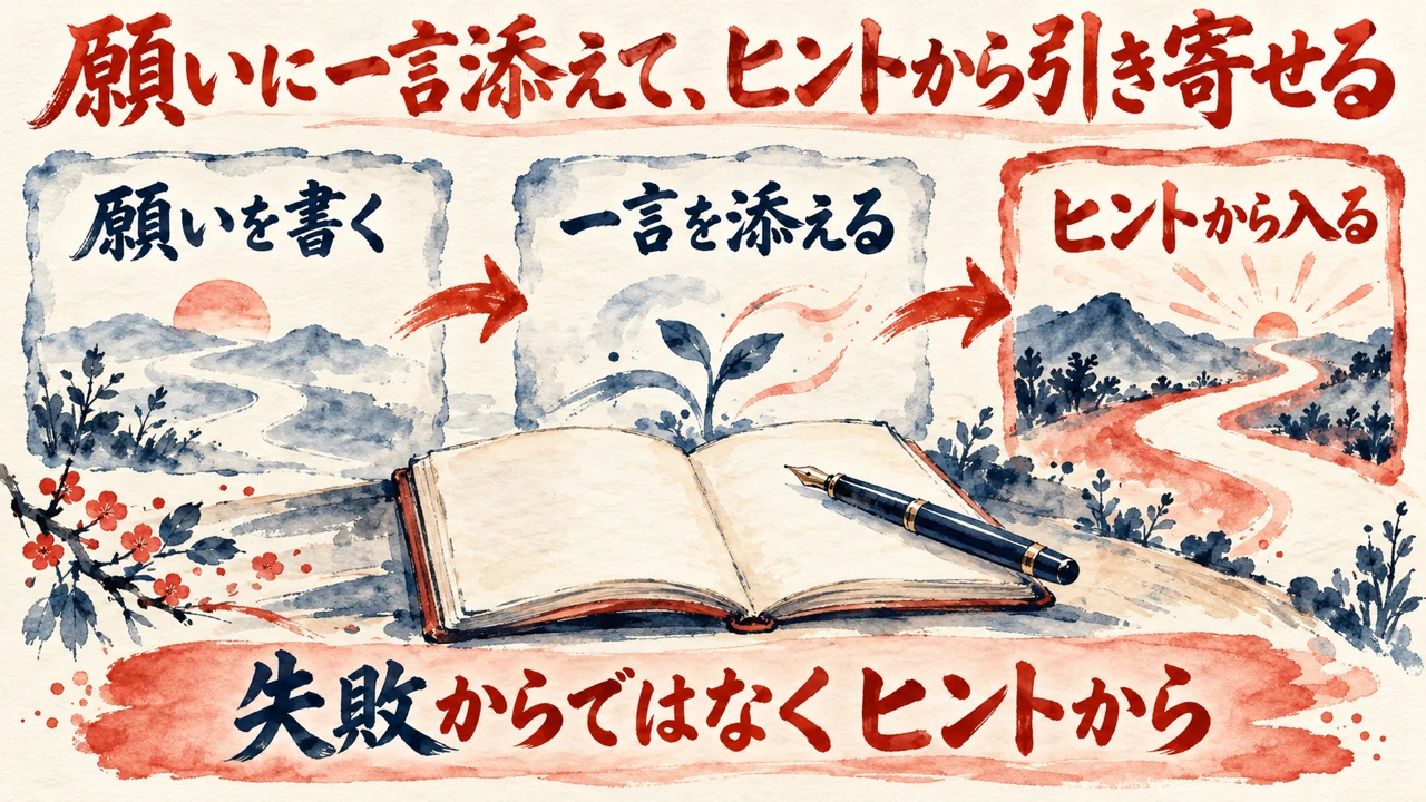 図解。願いを書く、一言を添える、ヒントから入る、の三つの札が矢印で並び、開いたノートと万年筆の水彩画が添えられている。見出しは願いに一言添えて、ヒントから引き寄せる書き方