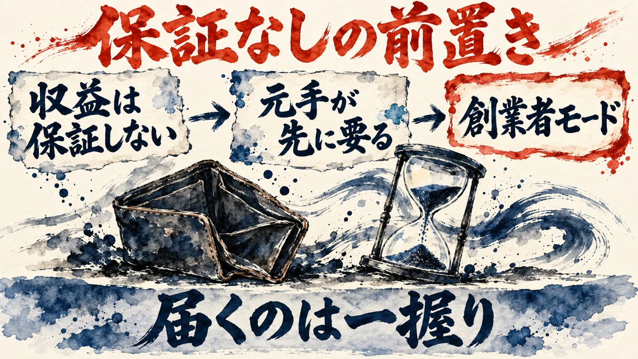 図解。収益は保証しない、元手が先に要る、創業者モード、の三つの札が並び、始める前に先に伝える前置きだと示す