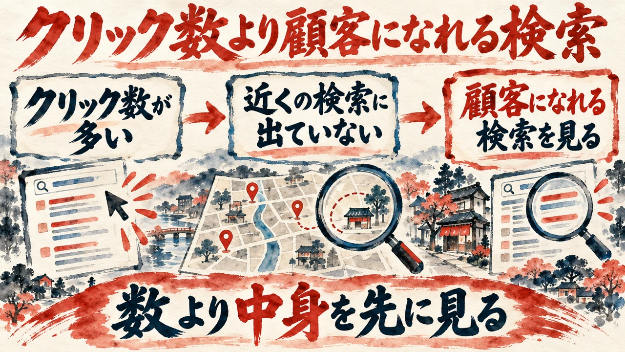 図解。クリック数が多い、近くの検索に出ていない、顧客になれる検索かを見る、の三つの札が並び、数より中身を先に見ると示す