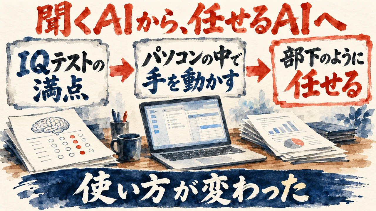 図解。IQテストの満点、パソコンの中で手を動かす、部下のように任せる、の三つの札が矢印で並ぶ水彩画。見出しは聞くAIから任せるAIへ