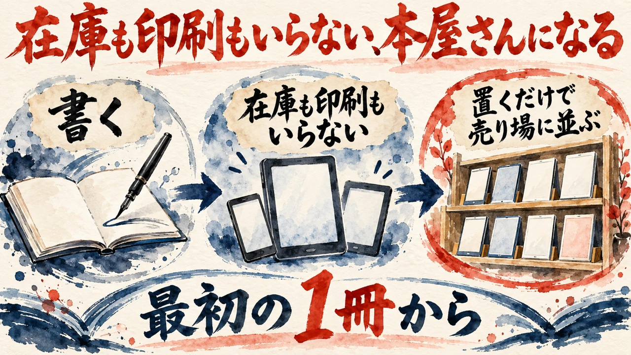 図解。書く、在庫も印刷もいらない、置くだけで売り場に並ぶ、の三つの札が矢印で並び、本棚に並ぶ電子書籍の水彩画が添えられている。見出しは本屋さんになる
