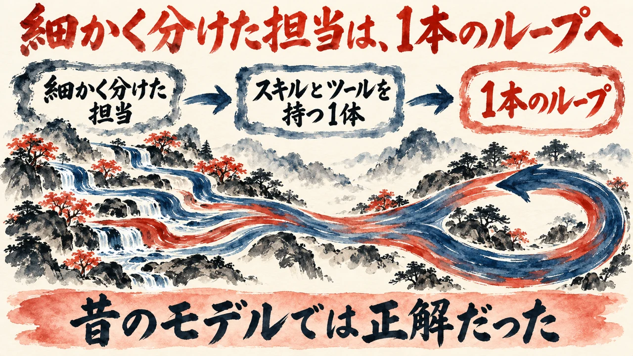 図解。細かく分けた担当から、スキルとツールを持つ1体を通って、1本のループへ合流する流れ。山あいの川が一本に合わさる水彩画