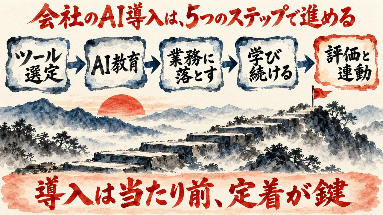図解。ツール選定、AI教育、業務に落とす、学び続ける、評価と連動、の五つの札が矢印で並び、定着が鍵、の帯が添えられている水彩画。見出しは会社のAI導入は5つのステップで進める
