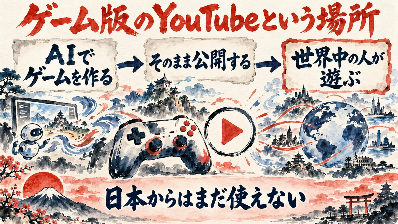 図解。AIでゲームを作る、そのまま公開する、世界中の人が遊ぶ、の三つの流れと、日本からはまだ使えない、という注意。小さなロボットとコントローラーと丸い再生ボタンと地球を描いた水彩画