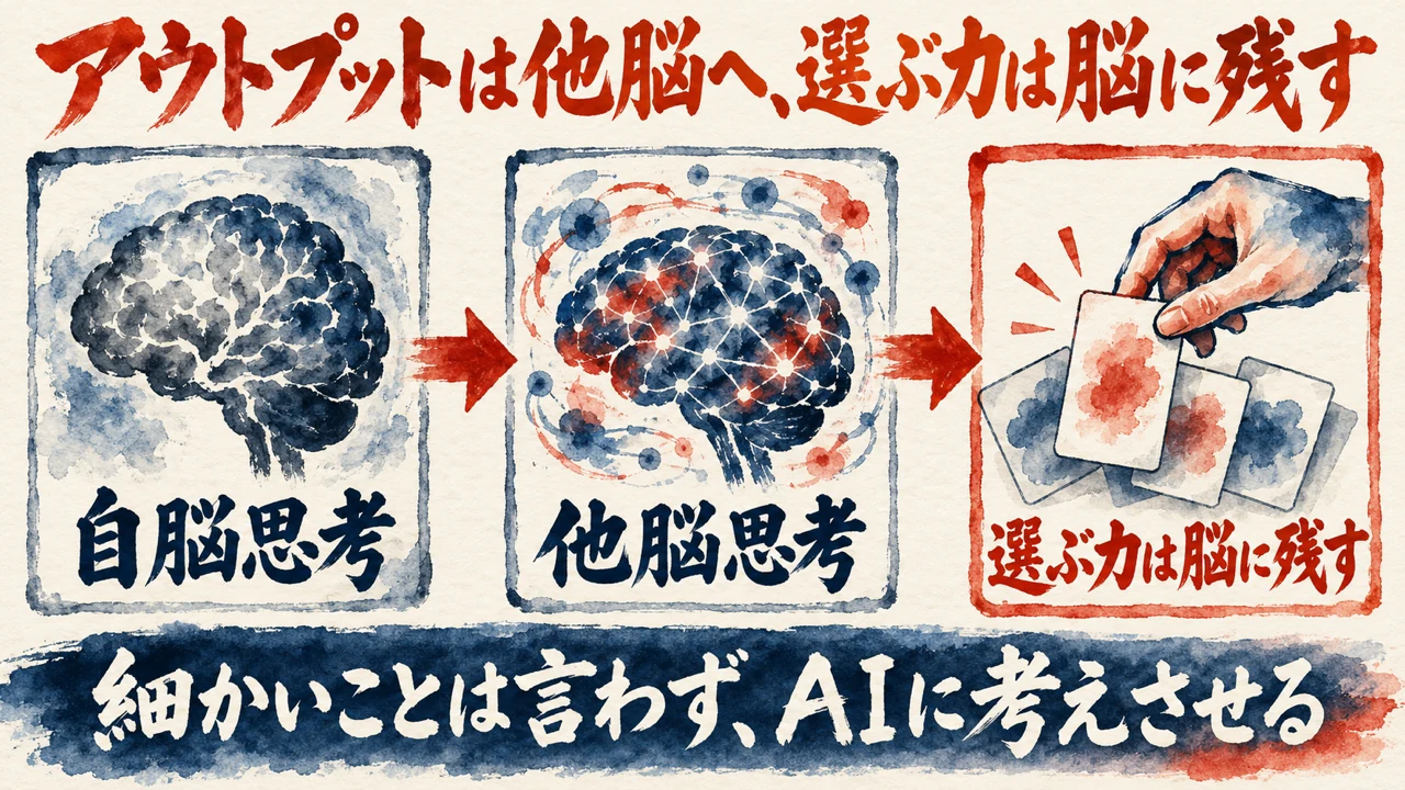 図解。自脳思考から他脳思考へ移り、手札から選ぶ力は脳に残す流れを、二つの脳と手札の水彩画で描いた図