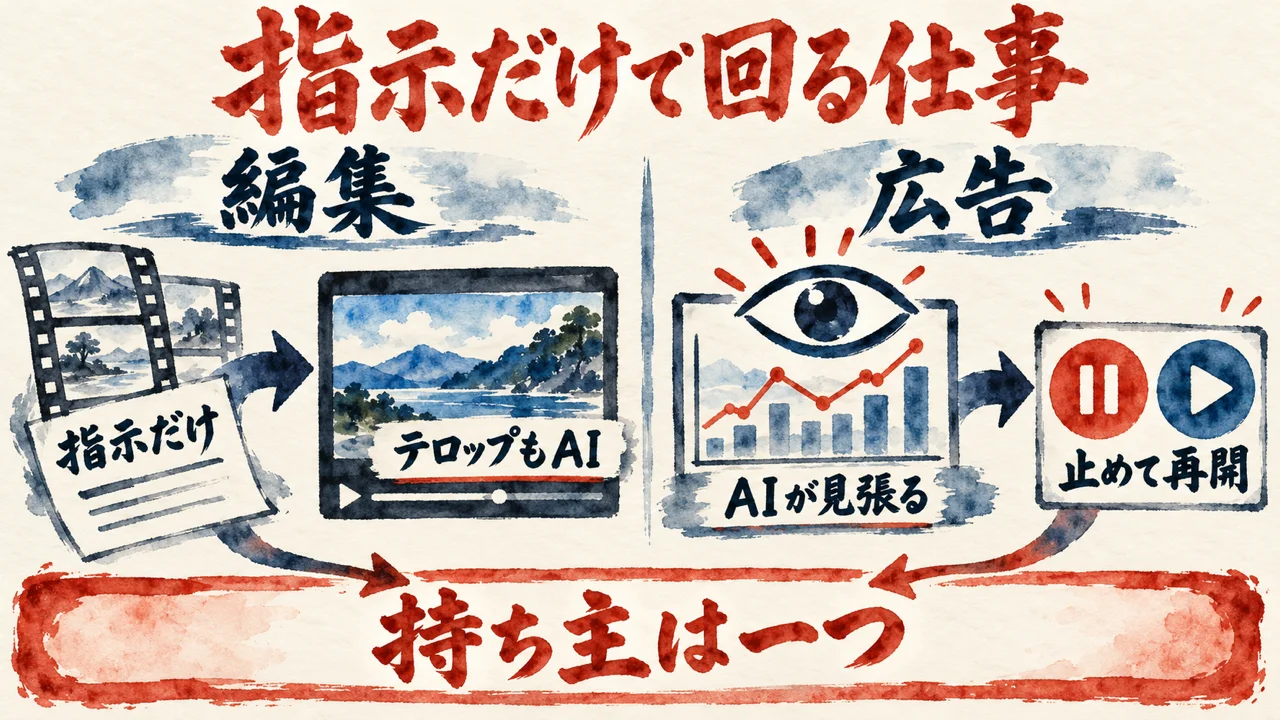 編集は指示だけ、広告はAIが見張って止めて再開する二本の流れを並べ、下に持ち主は一つの土台を置いた図解