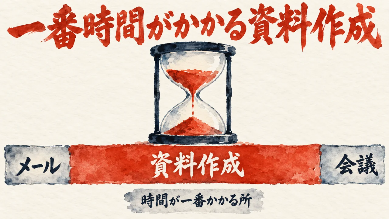 メール、資料作成、会議の三つに分けた一日の仕事の帯のうち、朱色の資料作成の区画がいちばん長く、その上に砂時計を置いた図解