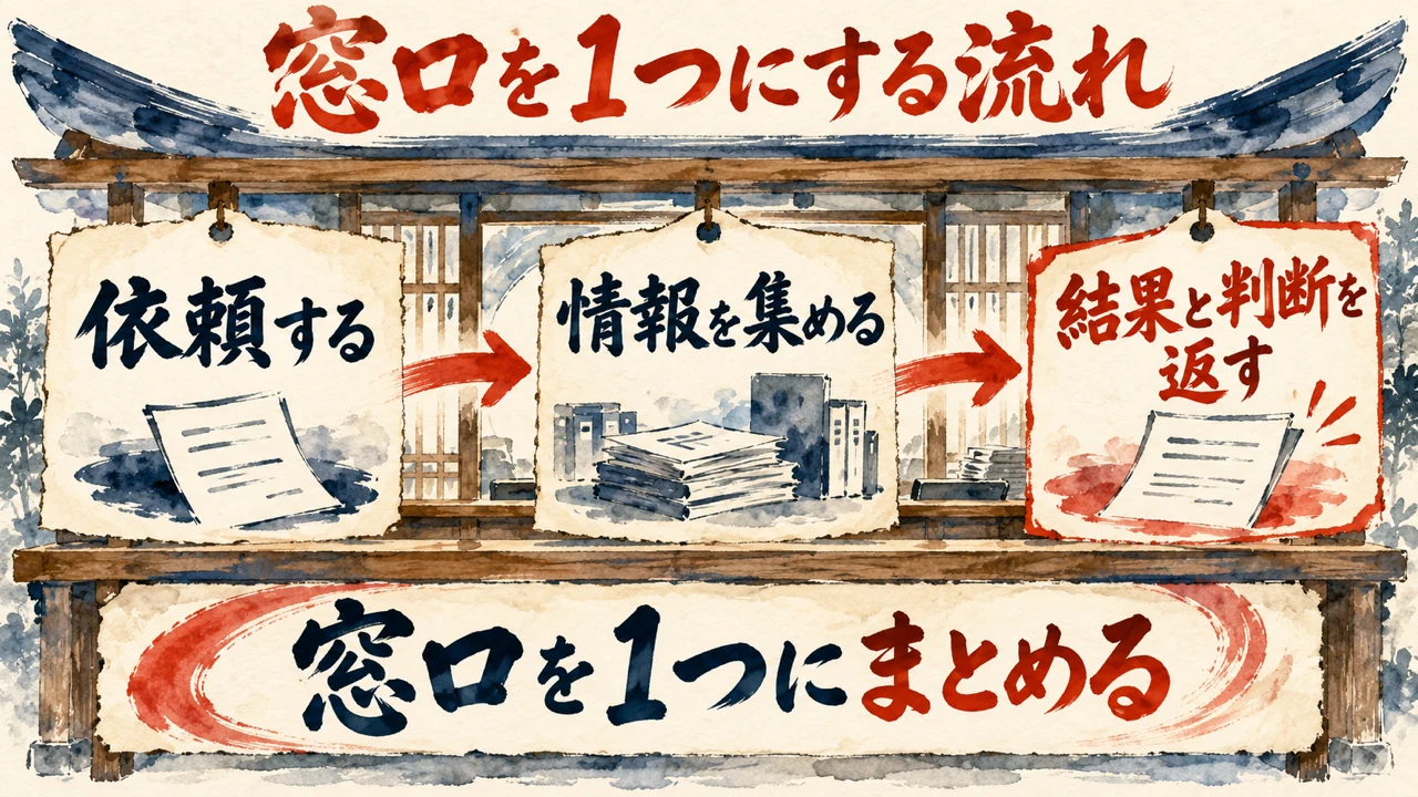 図解。依頼する、情報を集める、作業を進める、結果と判断を返す、の四つの札が並び、窓口が1つに集まる流れを描いた水彩画