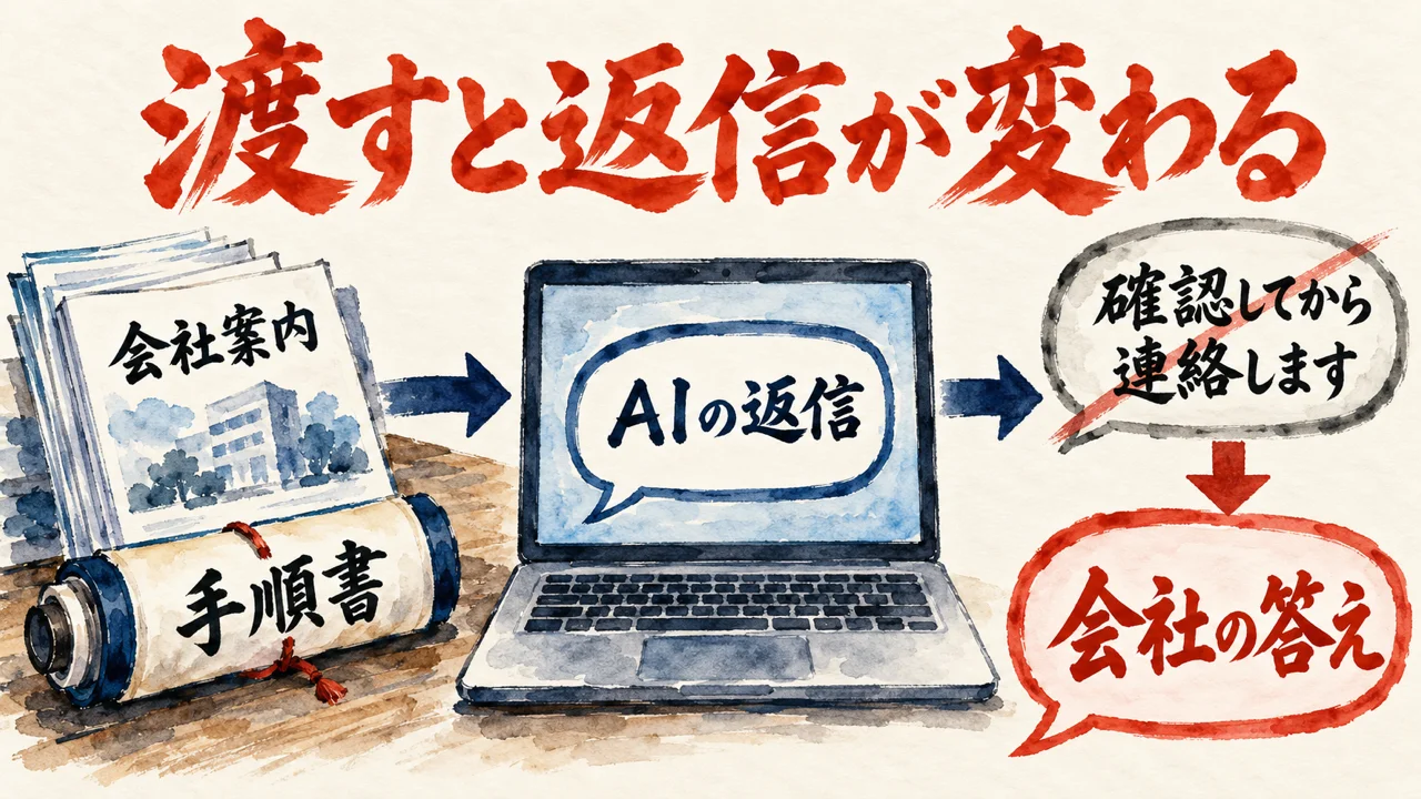 会社案内の書類と手順書の巻物をAIに渡すと、確認してから連絡しますという返信が会社の答えに変わる様子を描いた図解