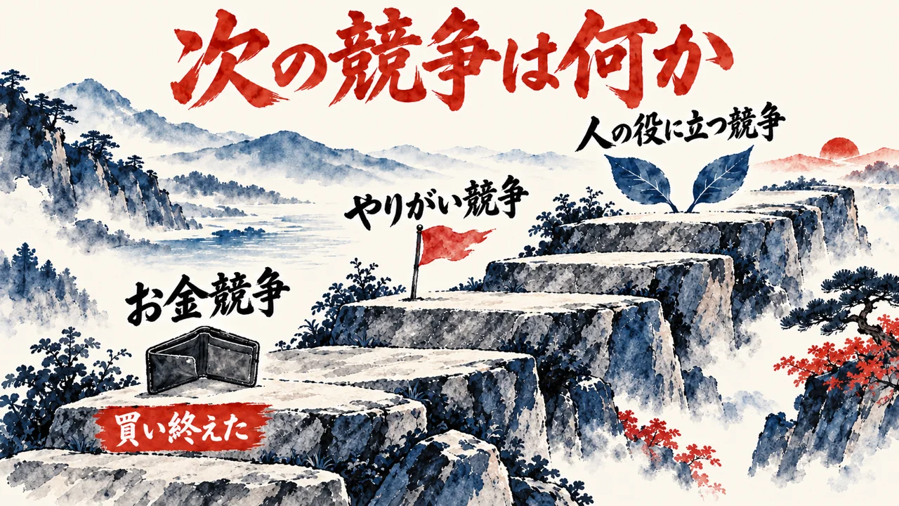 お金競争、やりがい競争、人の役に立つ競争の三段の階段を左下から右上へ並べ、一段目に買い終えた、の札を置いた図解